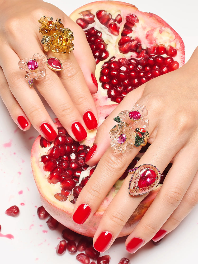 Anabela Chan Joaillerie_Fruit Gems™_Ruby Beetroot Petunia Ring, Ruby Beetroot Elixir Ring, Beetroot & Dragonfruit Garden Ring, Amber Garden Ring_Model Campaign Image_02_mobile