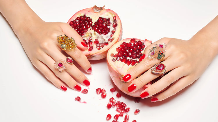 Anabela Chan Joaillerie_Fruit Gems™_Ruby Beetroot Petunia Ring, Ruby Beetroot Elixir Ring, Beetroot & Dragonfruit Garden Ring, Amber Garden Ring_Model Campaign Image_desktop