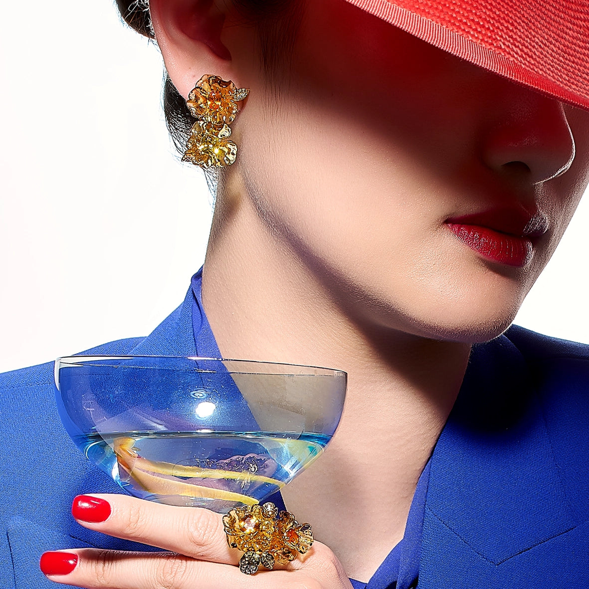 Anabela_Chan_Joaillerie_Fruit_Gems__Sapphire_Petunia_Drop_Earrings_Amber_Garden_Ring_Model_Campaign_Image