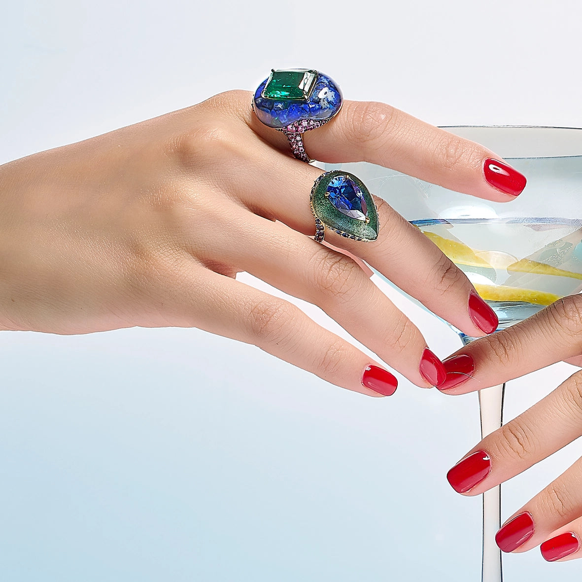 Anabela_Chan_Joaillerie_Fruit_Gems__Sapphire_Plankton_Elixir_Ring_Emerald_Lapis_Pebble_Ring_Model_Campaign_Image