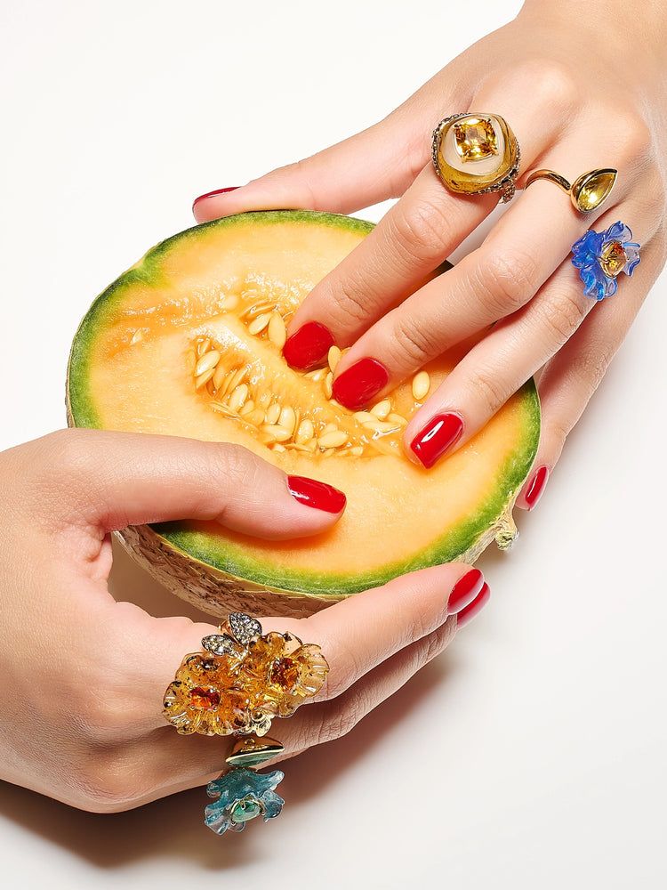 Anabela Chan Joaillerie_Fruit Gems™_Tourmaline Spirulina Petunia Ring, Sapphire Spirulina Petunia Ring, Amber Garden Ring, Autumn Sugarloaf Ring_Model Campaign Image_02_mobile
