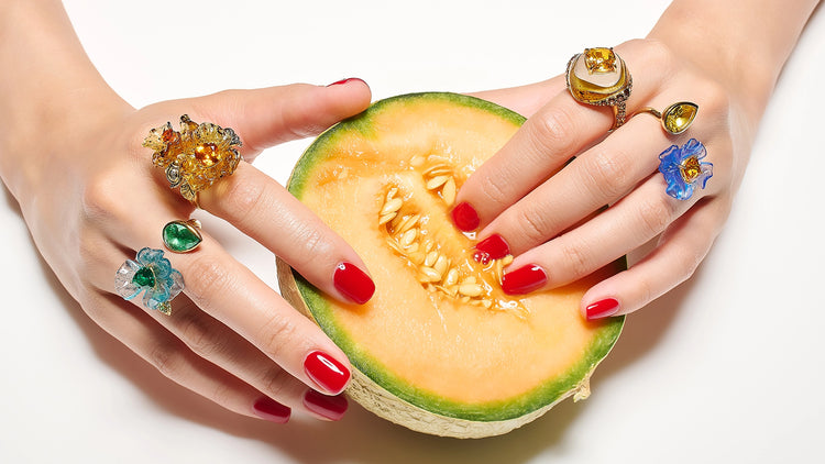 Anabela Chan Joaillerie_Fruit Gems™_Tourmaline Spirulina Petunia Ring, Sapphire Spirulina Petunia Ring, Amber Garden Ring, Autumn Sugarloaf Ring_Model Campaign Image_desktop