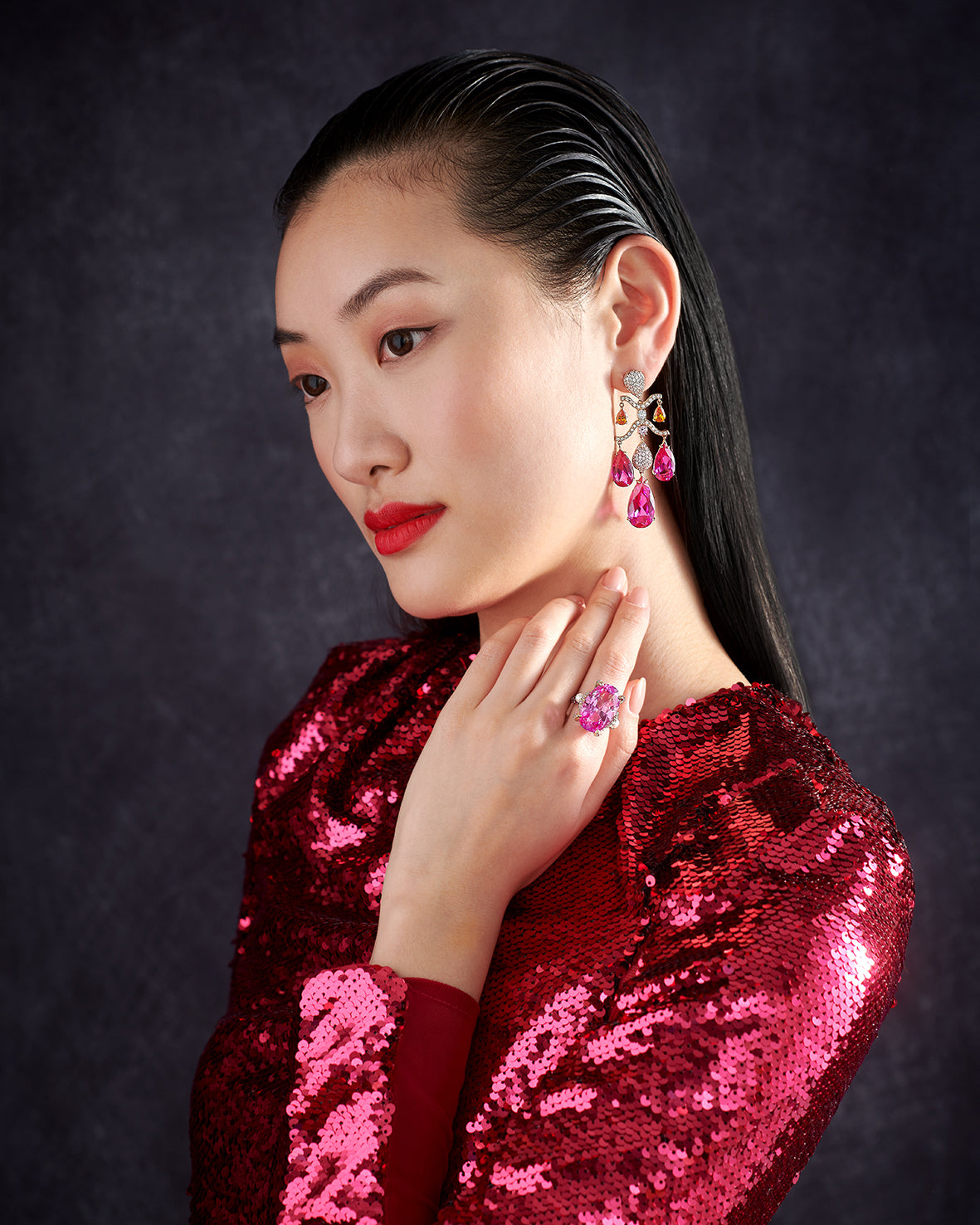 Anabela Chan Joaillerie_Fuchsia Sapphire Chandelier Earrings, Rose Mermaid Ring_Model Campaign Shot