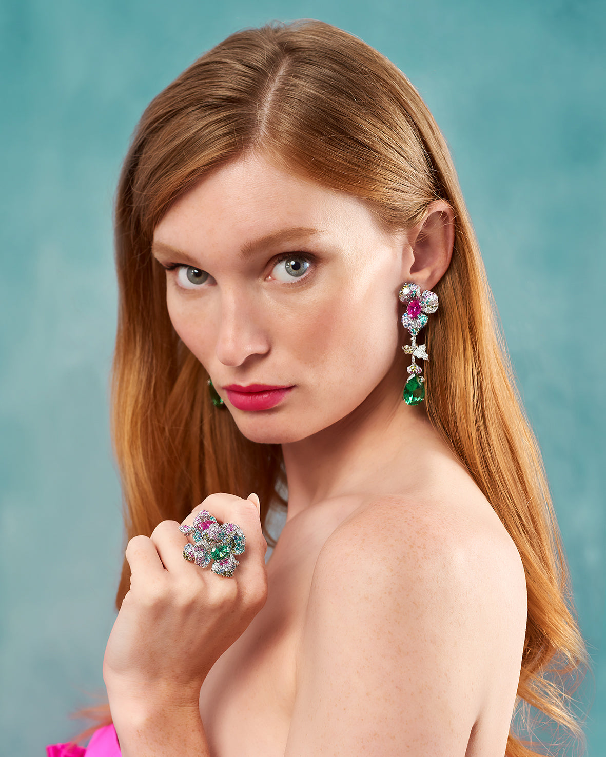Anabela Chan Joaillerie_Garden Orchid Earrings, Garden Blossom Ring_Model Campaign Shot