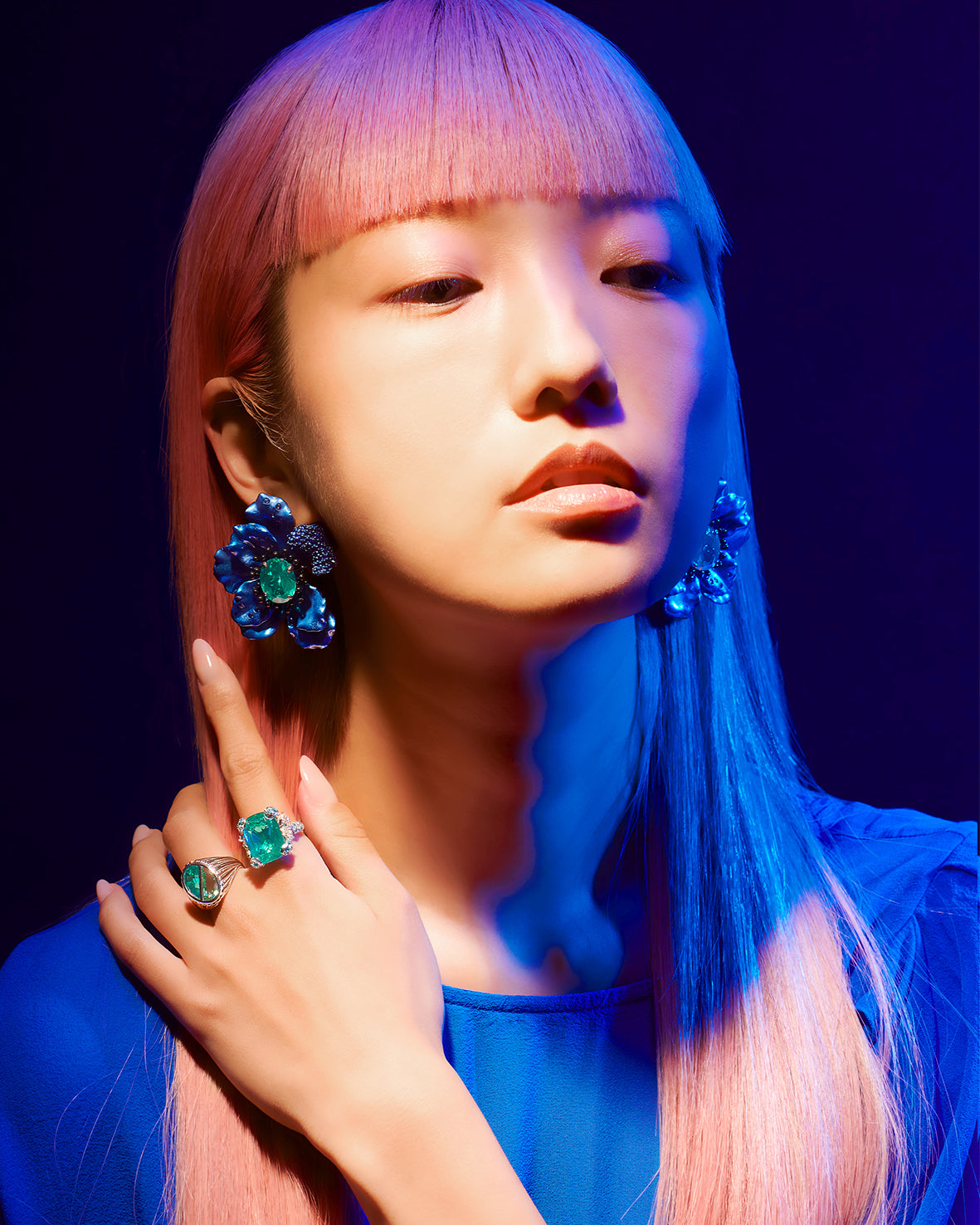 Anabela Chan Joaillerie_Paraiba Blue Poppy Earrings, Ocean Paraiba Ring, Paraiba Opal Ocean Rings & Paraiba Oval Signet Ring_Model Campaign Image