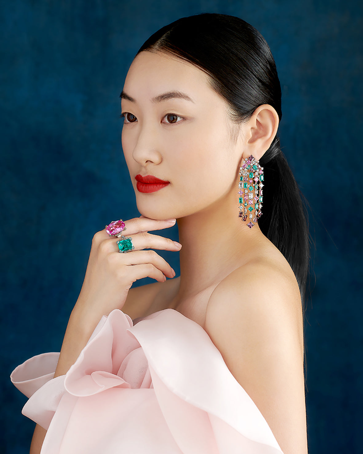 Anabela Chan Joaillerie_Paraiba Pink Cascade Earrings, Rose & Tourmaline Mermaid Rings_Model Campaign Shot
