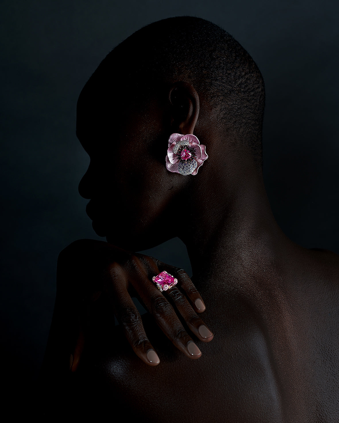 Anabela Chan Joaillerie_Rose Bloom Earrings, Rose Cinderella Ring_Model Campaign Shot