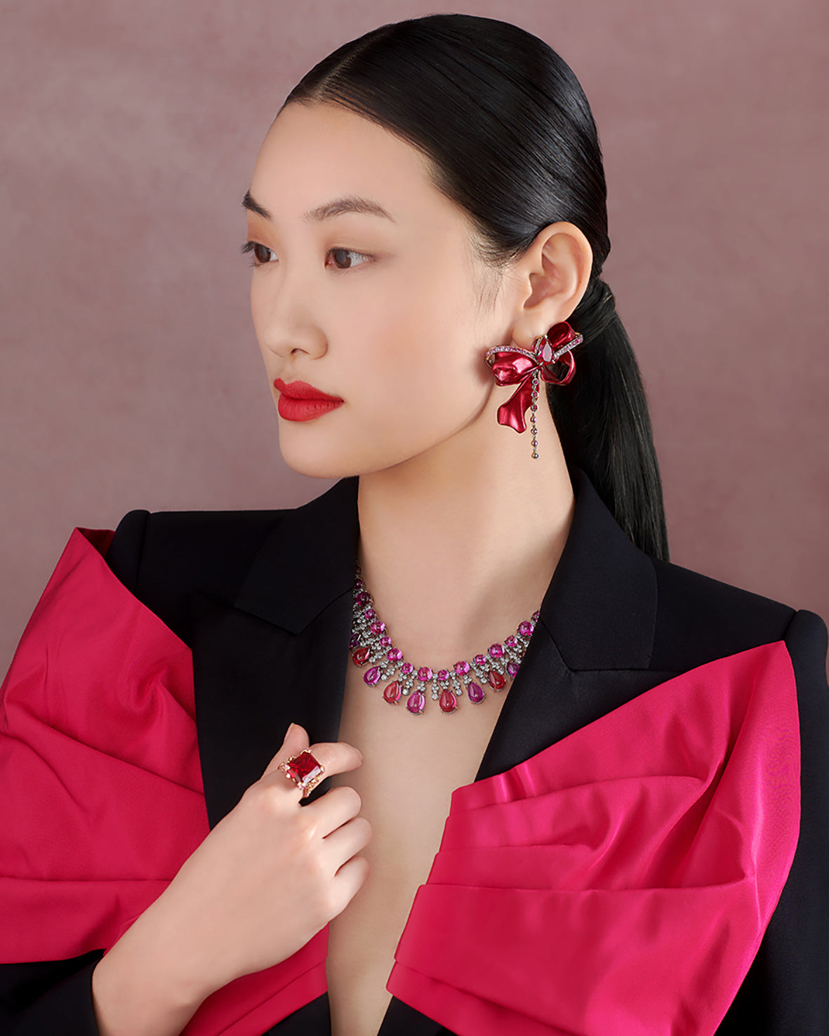 Anabela Chan Joaillerie_Ruby Cupid's Bow Earrings, Pomegranate Tutti Frutti Necklace, Ruby Cinderella Ring_Model Campaign Shot