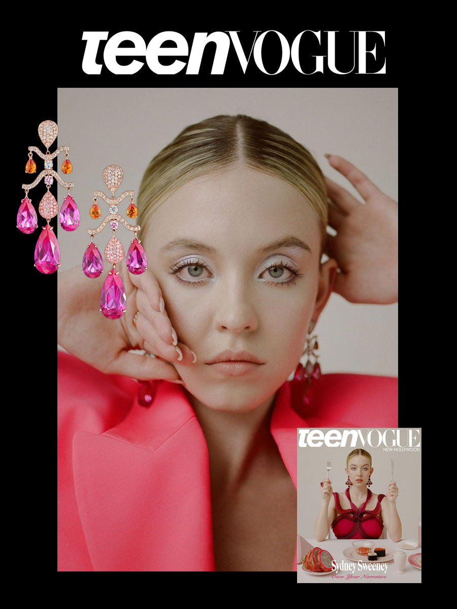 Anabela Chan Joaillerie_Teen Vogue’s Young Hollywood Issue_Fuchsia Sapphire Chandelier Earrings & Fuchsia Sapphire Bloom Ring_Sydney Sweeney