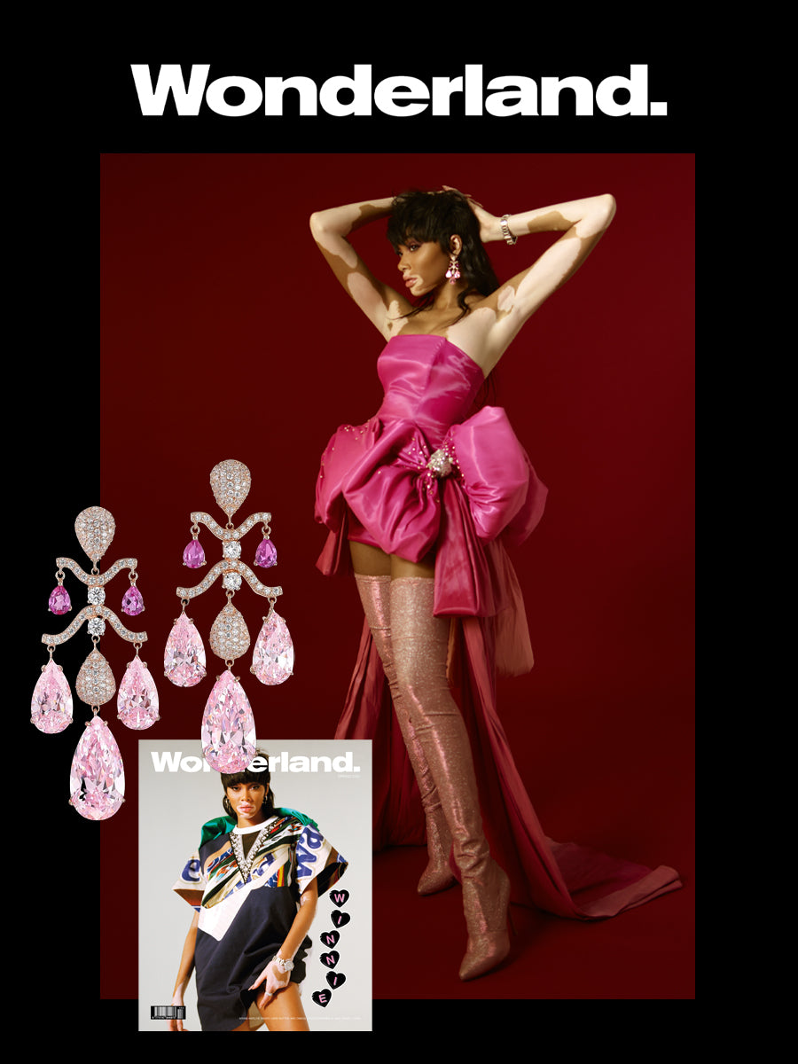 Anabela Chan Joaillerie_Wonderland Magazine_Winnie-Harlow_Fuchsia Sapphire Chandelier Earrings, Diamond Magnolia Ring