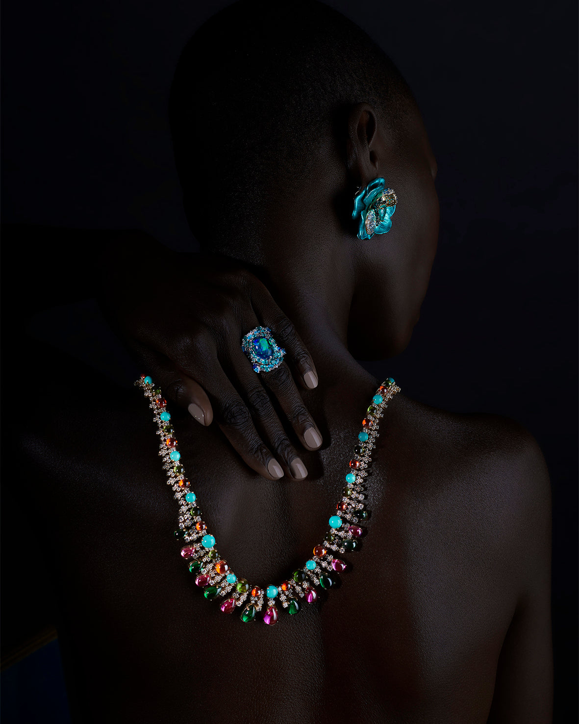Anabela Chan Joaillerie_Rainbow Tutti Frutti Necklace_Paraiba Bloom Earrings_Paraiba Opal Ocean Rings_Model Campaign