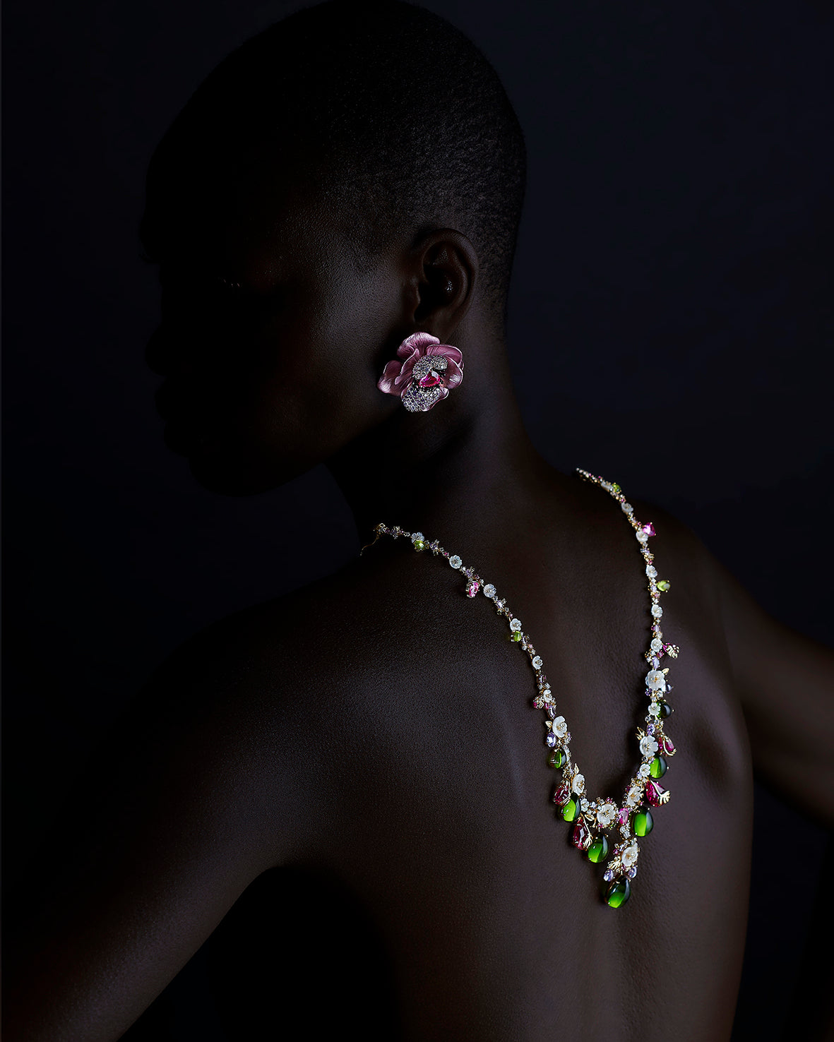Anabela Chan_Rose Bloom Earrings_Peridot Paradise Necklace_Model Campaign Shot