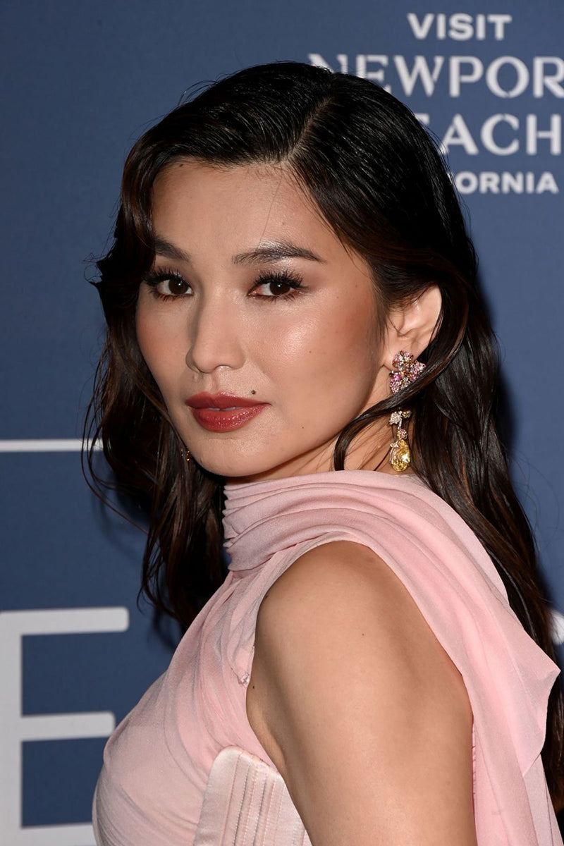 Gemma Chan wears the Anabela Chan Joaillerie Canary Orchid Earrings and Pale Rose Peony Ring for the Newport Beach Film Festival UK Honours, 2023