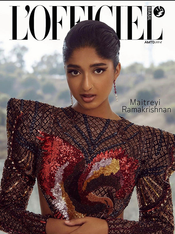 Maitreyei Ramakrishnan wearing Anabela Chan Fuchsia Nova Earrings for the cover L’Officiel Brasil on May 25, 2023