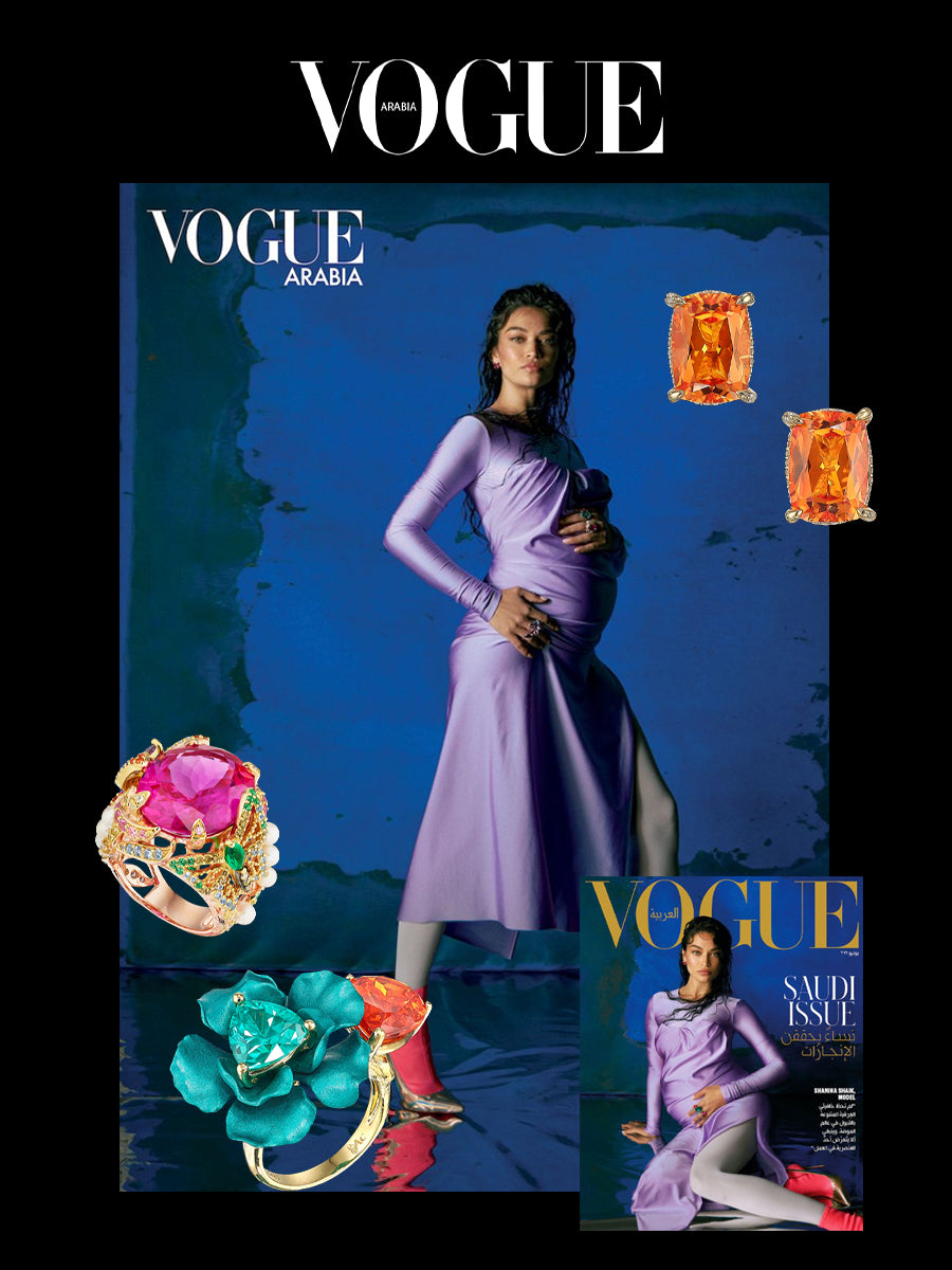 Shanina Shaik wears the Anabela Chan Joaillerie Sapphire Cushion Wing Studs, Mandarin Paraiba Bloom Ring & Rose Swallowtail Ring on the cover of Vogue Arabia’s June 2022 Issue of Vogue Arabia