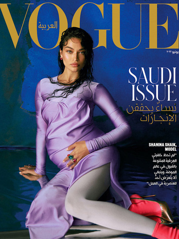 Shanina Shaik wears the Anabela Chan Joaillerie Sapphire Cushion Wing Studs, Mandarin Paraiba Bloom Ring & Rose Swallowtail Ring on the cover of Vogue Arabia’s June 2022 Issue of Vogue Arabia