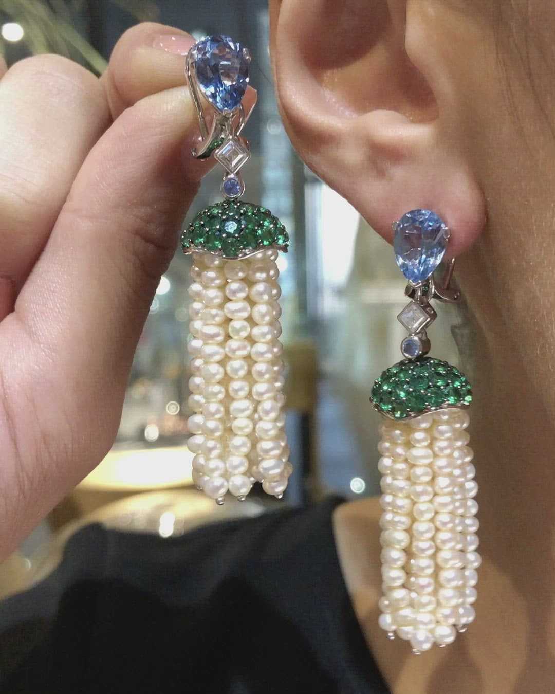 Aqua Pearl Tassel Earrings