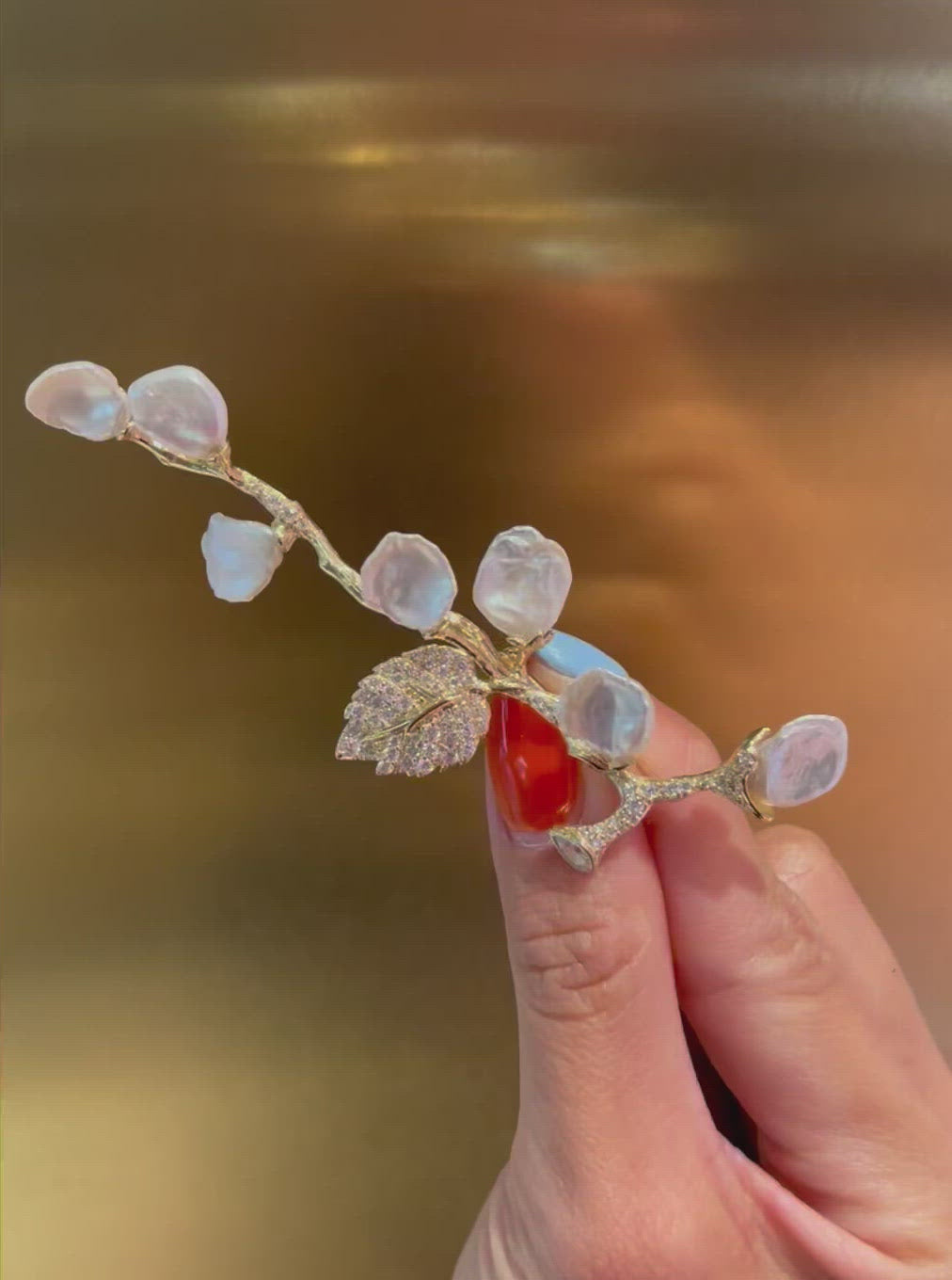 Gold Cherry Branch Brooch