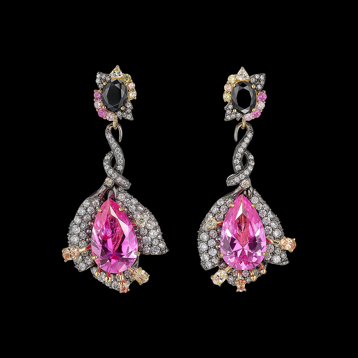 Black Diamond Fuchsia Earrings, Earrings, Anabela Chan Joaillerie - Fine jewelry with laboratory grown and created gemstones hand-crafted in the United Kingdom. Anabela Chan Joaillerie is the first fine jewellery brand in the world to champion laboratory-grown and created gemstones with high jewellery design, artisanal craftsmanship and a focus on ethical and sustainable innovations.