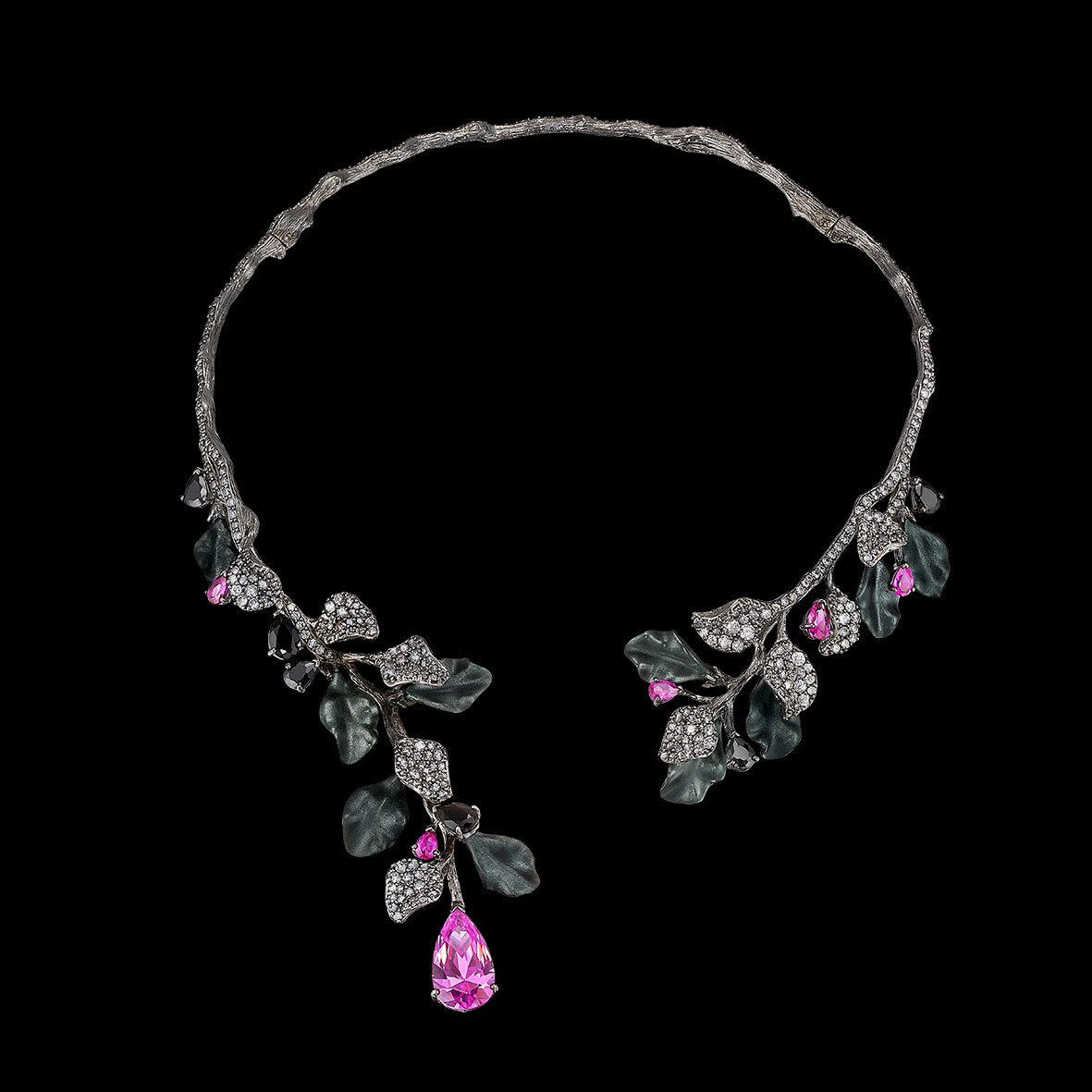 Black Diamond Fuchsia Thea Collar, Necklace, Anabela Chan Joaillerie - Fine jewelry with laboratory grown and created gemstones hand-crafted in the United Kingdom. Anabela Chan Joaillerie is the first fine jewellery brand in the world to champion laboratory-grown and created gemstones with high jewellery design, artisanal craftsmanship and a focus on ethical and sustainable innovations.