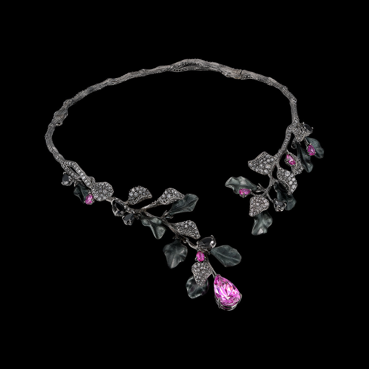 Black Diamond Fuchsia Thea Collar, Necklace, Anabela Chan Joaillerie - Fine jewelry with laboratory grown and created gemstones hand-crafted in the United Kingdom. Anabela Chan Joaillerie is the first fine jewellery brand in the world to champion laboratory-grown and created gemstones with high jewellery design, artisanal craftsmanship and a focus on ethical and sustainable innovations.