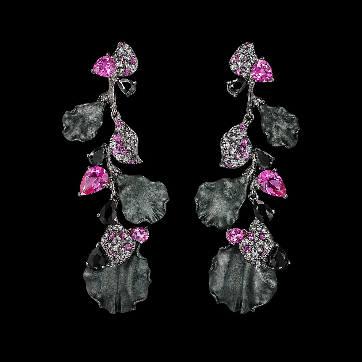 Black Pink Thea Earrings, Earrings, Anabela Chan Joaillerie - Fine jewelry with laboratory grown and created gemstones hand-crafted in the United Kingdom. Anabela Chan Joaillerie is the first fine jewellery brand in the world to champion laboratory-grown and created gemstones with high jewellery design, artisanal craftsmanship and a focus on ethical and sustainable innovations.