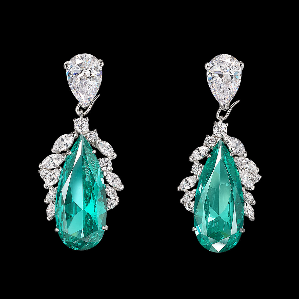 Diamond Paraiba Peacock Earrings, Earrings, Anabela Chan Joaillerie - Fine jewelry with laboratory grown and created gemstones hand-crafted in the United Kingdom. Anabela Chan Joaillerie is the first fine jewellery brand in the world to champion laboratory-grown and created gemstones with high jewellery design, artisanal craftsmanship and a focus on ethical and sustainable innovations.