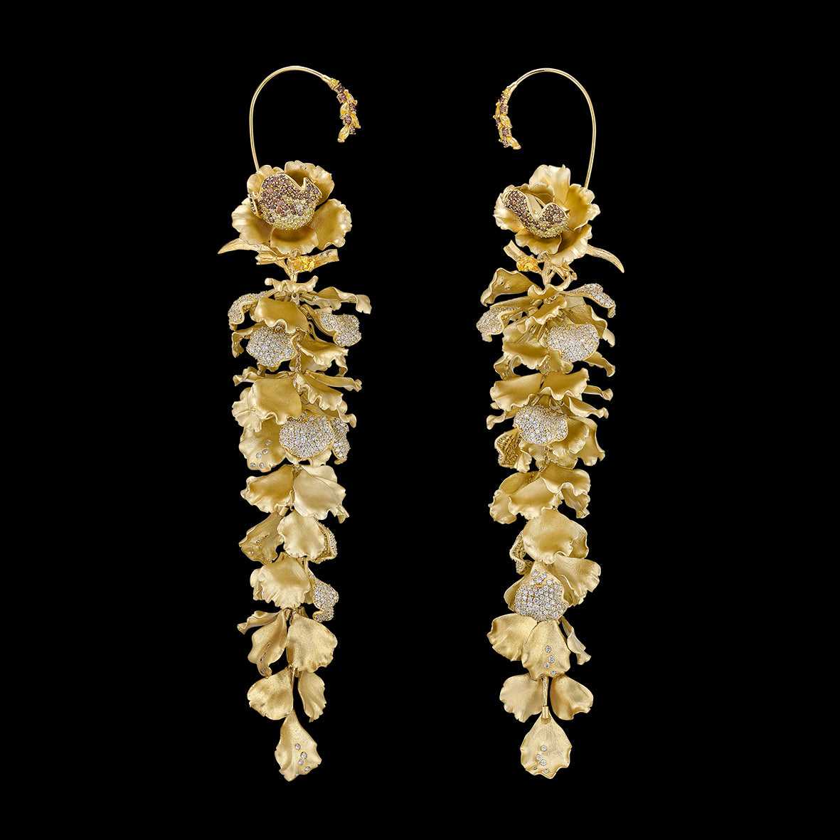 Golden Wisteria Earrings, Earrings, Anabela Chan Joaillerie - Fine jewelry with laboratory grown and created gemstones hand-crafted in the United Kingdom. Anabela Chan Joaillerie is the first fine jewellery brand in the world to champion laboratory-grown and created gemstones with high jewellery design, artisanal craftsmanship and a focus on ethical and sustainable innovations.