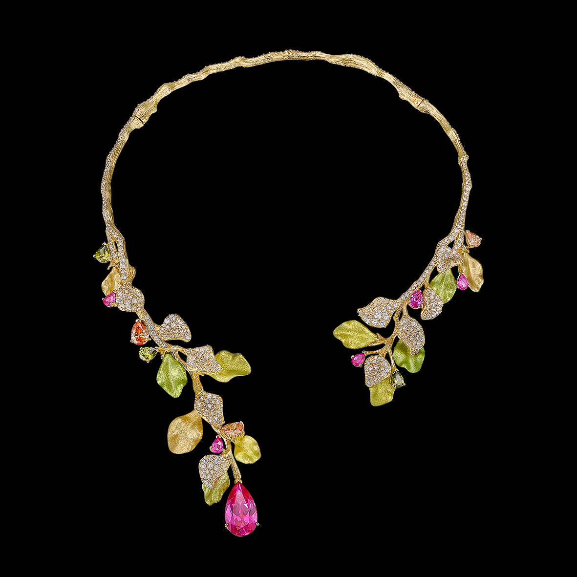 Lemon Fuchsia Thea Collar, Necklace, Anabela Chan Joaillerie - Fine jewelry with laboratory grown and created gemstones hand-crafted in the United Kingdom. Anabela Chan Joaillerie is the first fine jewellery brand in the world to champion laboratory-grown and created gemstones with high jewellery design, artisanal craftsmanship and a focus on ethical and sustainable innovations.