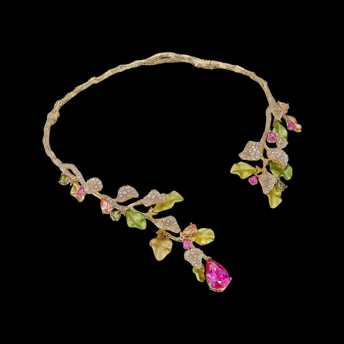 Lemon Fuchsia Thea Collar, Necklace, Anabela Chan Joaillerie - Fine jewelry with laboratory grown and created gemstones hand-crafted in the United Kingdom. Anabela Chan Joaillerie is the first fine jewellery brand in the world to champion laboratory-grown and created gemstones with high jewellery design, artisanal craftsmanship and a focus on ethical and sustainable innovations.