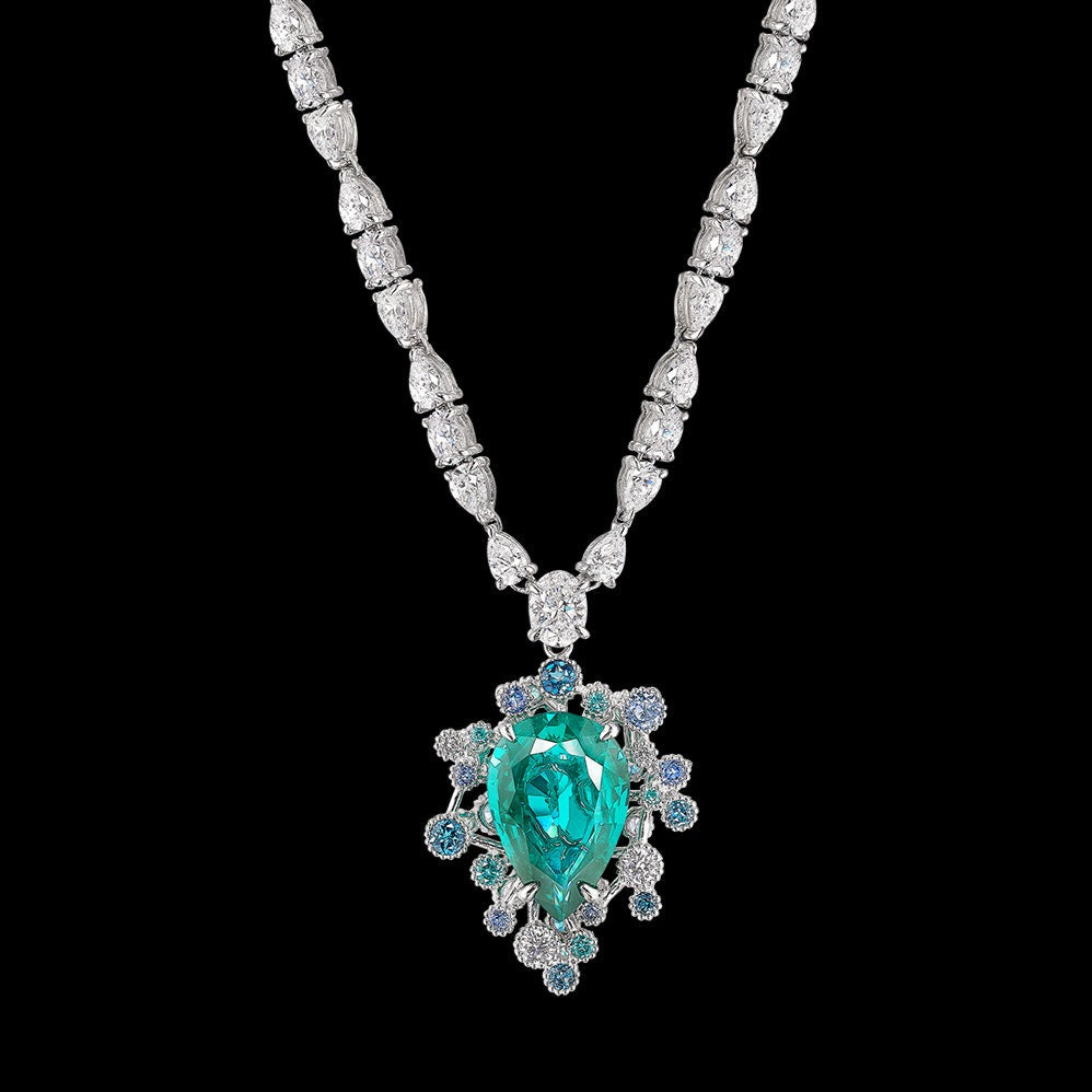 Paraiba Spectra Pendant Necklace, Necklace, Anabela Chan Joaillerie - Fine jewelry with laboratory grown and created gemstones hand-crafted in the United Kingdom. Anabela Chan Joaillerie is the first fine jewellery brand in the world to champion laboratory-grown and created gemstones with high jewellery design, artisanal craftsmanship and a focus on ethical and sustainable innovations.