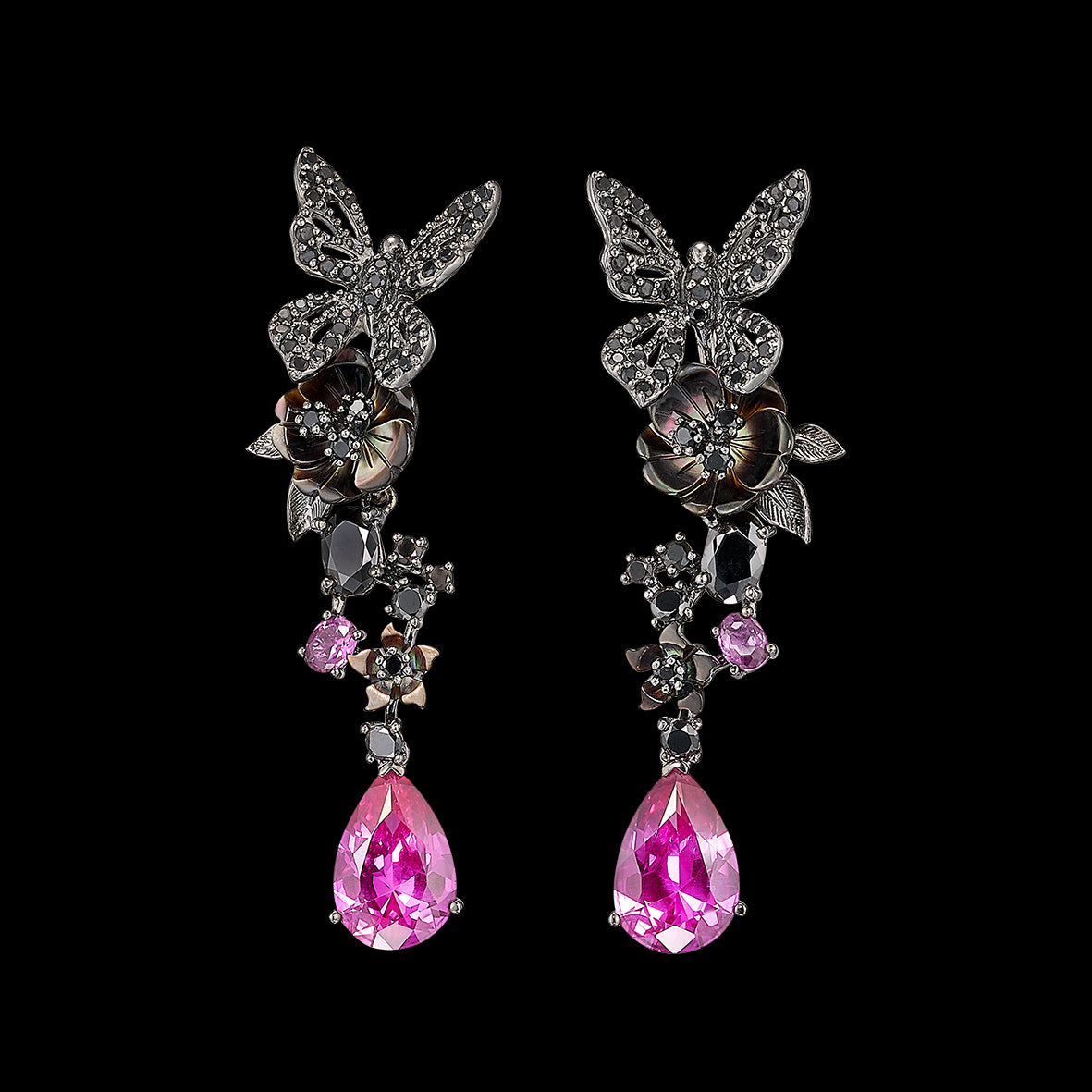 Black Diamond Fuchsia Vine Earrings, Earrings, Anabela Chan Joaillerie - Fine jewelry with laboratory grown and created gemstones hand-crafted in the United Kingdom. Anabela Chan Joaillerie is the first fine jewellery brand in the world to champion laboratory-grown and created gemstones with high jewellery design, artisanal craftsmanship and a focus on ethical and sustainable innovations.