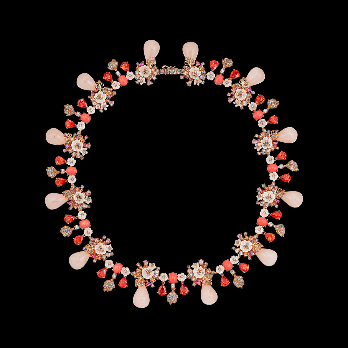 Coral Quartz Palm Paradise Necklace, Necklace, Anabela Chan Joaillerie - Fine jewelry with laboratory grown and created gemstones hand-crafted in the United Kingdom. Anabela Chan Joaillerie is the first fine jewellery brand in the world to champion laboratory-grown and created gemstones with high jewellery design, artisanal craftsmanship and a focus on ethical and sustainable innovations.