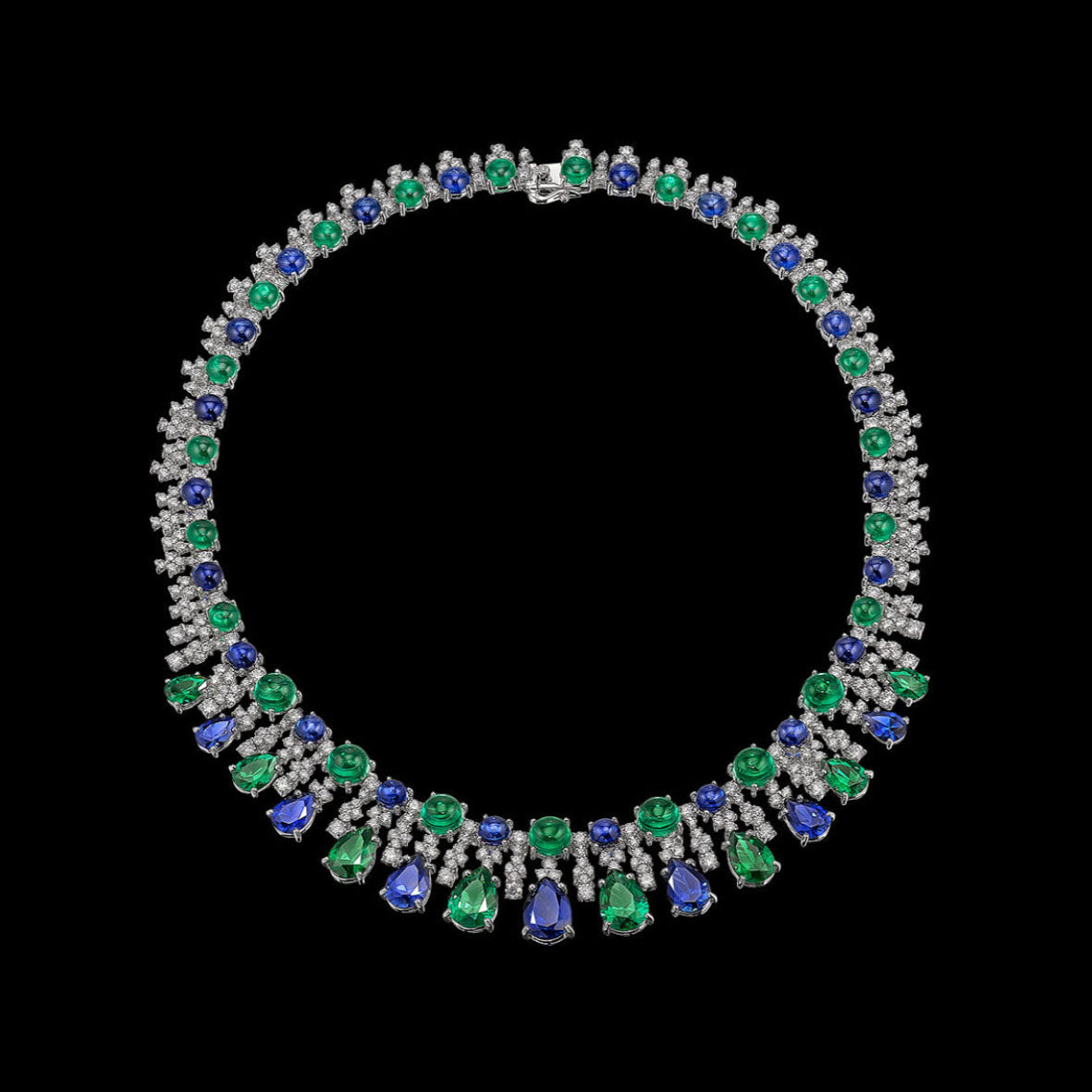 Emerald Sapphire Tutti Frutti Necklace, Necklace, Anabela Chan Joaillerie - Fine jewelry with laboratory grown and created gemstones hand-crafted in the United Kingdom. Anabela Chan Joaillerie is the first fine jewellery brand in the world to champion laboratory-grown and created gemstones with high jewellery design, artisanal craftsmanship and a focus on ethical and sustainable innovations.