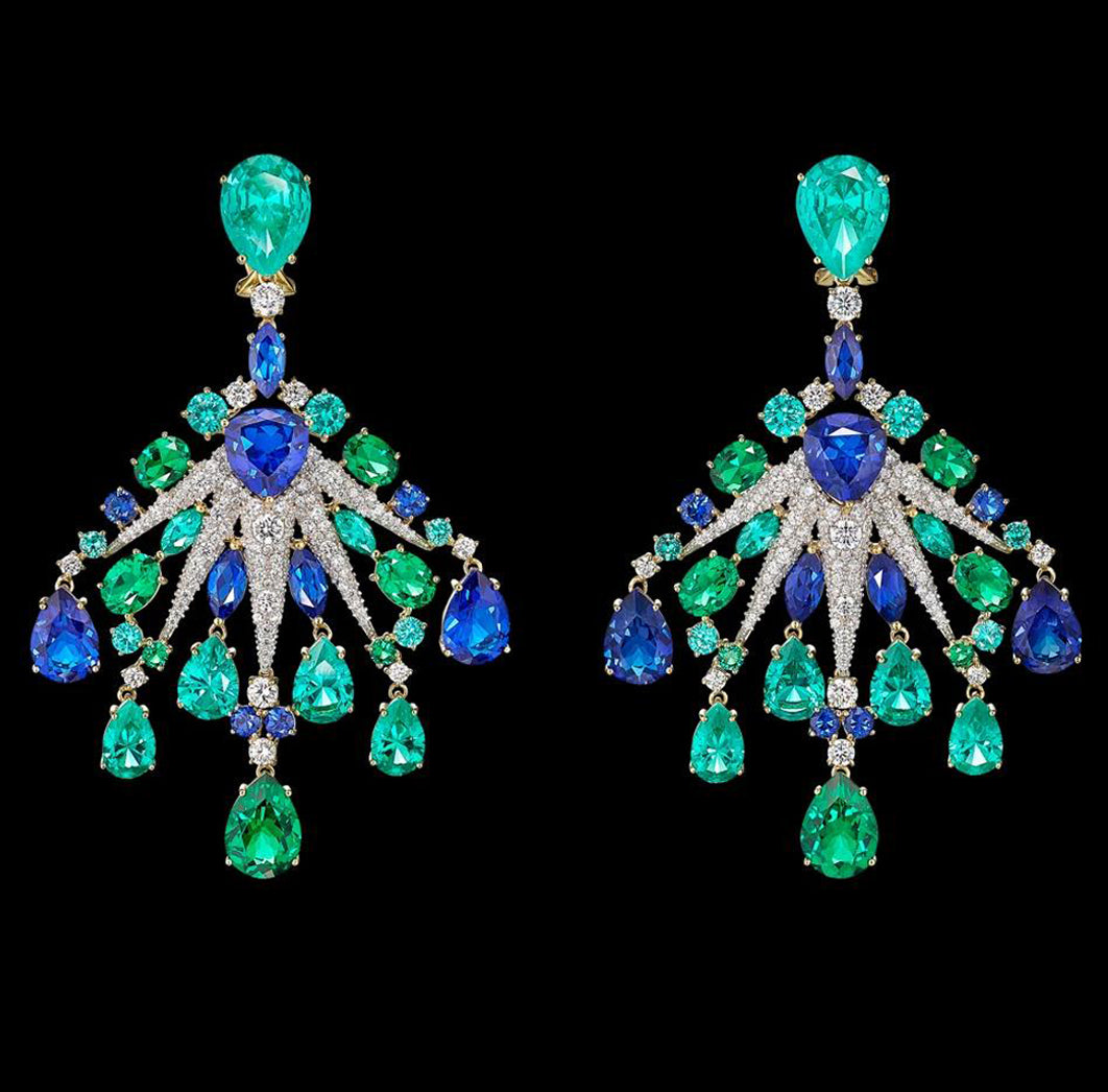 Emerald Sapphire Starburst Earrings, Earring, Anabela Chan Joaillerie - Fine jewelry with laboratory grown and created gemstones hand-crafted in the United Kingdom. Anabela Chan Joaillerie is the first fine jewellery brand in the world to champion laboratory-grown and created gemstones with high jewellery design, artisanal craftsmanship and a focus on ethical and sustainable innovations.