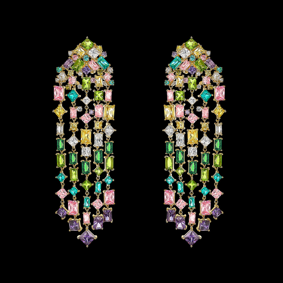 Rainbow Cascade Long Earrings, Earrings, Anabela Chan Joaillerie - Fine jewelry with laboratory grown and created gemstones hand-crafted in the United Kingdom. Anabela Chan Joaillerie is the first fine jewellery brand in the world to champion laboratory-grown and created gemstones with high jewellery design, artisanal craftsmanship and a focus on ethical and sustainable innovations.