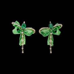 Emerald Mini Bow Earrings, Earring, Anabela Chan Joaillerie - Fine jewelry with laboratory grown and created gemstones hand-crafted in the United Kingdom. Anabela Chan Joaillerie is the first fine jewellery brand in the world to champion laboratory-grown and created gemstones with high jewellery design, artisanal craftsmanship and a focus on ethical and sustainable innovations.