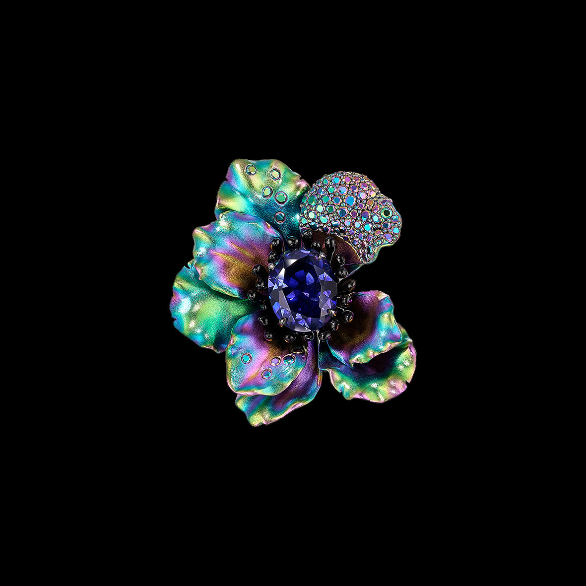 Rainbow Sapphire Poppy Brooch, Brooch, Anabela Chan Joaillerie - Fine jewelry with laboratory grown and created gemstones hand-crafted in the United Kingdom. Anabela Chan Joaillerie is the first fine jewellery brand in the world to champion laboratory-grown and created gemstones with high jewellery design, artisanal craftsmanship and a focus on ethical and sustainable innovations.