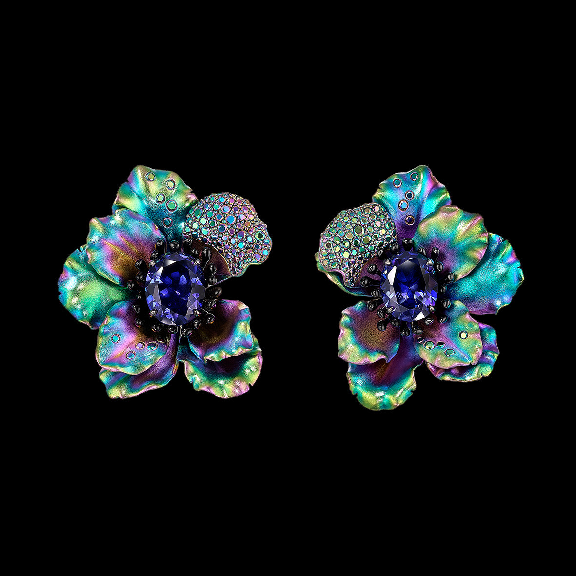 Rainbow Sapphire Poppy Earrings, Earrings, Anabela Chan Joaillerie - Fine jewelry with laboratory grown and created gemstones hand-crafted in the United Kingdom. Anabela Chan Joaillerie is the first fine jewellery brand in the world to champion laboratory-grown and created gemstones with high jewellery design, artisanal craftsmanship and a focus on ethical and sustainable innovations.