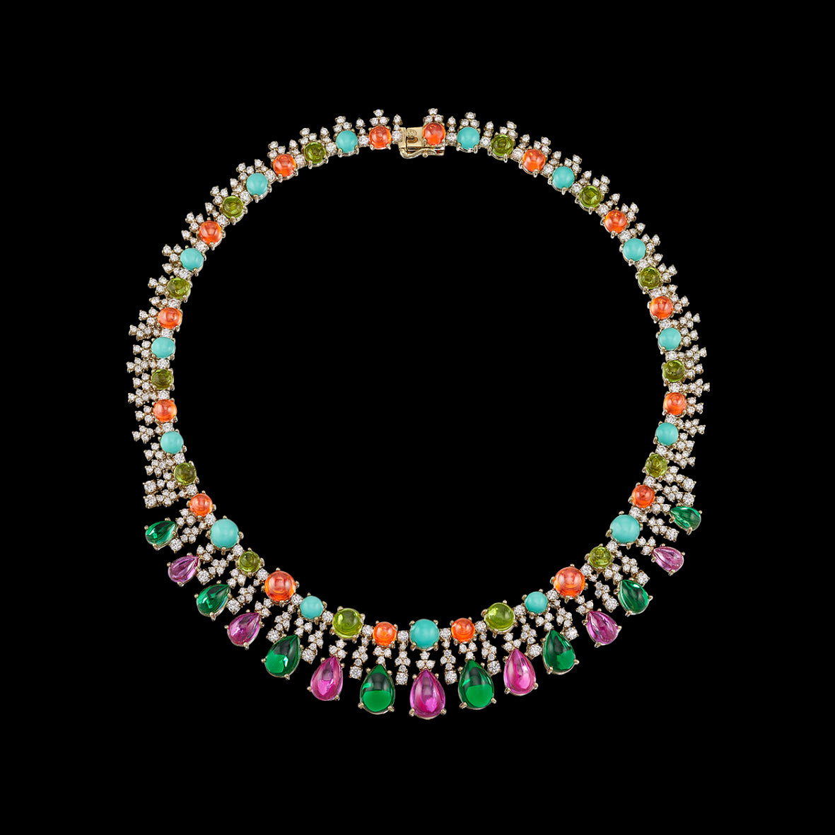 Rainbow Tutti Frutti Necklace, Necklace, Anabela Chan Joaillerie - Fine jewelry with laboratory grown and created gemstones hand-crafted in the United Kingdom. Anabela Chan Joaillerie is the first fine jewellery brand in the world to champion laboratory-grown and created gemstones with high jewellery design, artisanal craftsmanship and a focus on ethical and sustainable innovations.