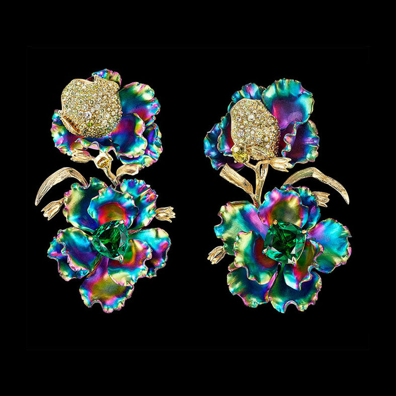 Rainbow Magnolia Earrings, Earring, Anabela Chan Joaillerie - Fine jewelry with laboratory grown and created gemstones hand-crafted in the United Kingdom. Anabela Chan Joaillerie is the first fine jewellery brand in the world to champion laboratory-grown and created gemstones with high jewellery design, artisanal craftsmanship and a focus on ethical and sustainable innovations.