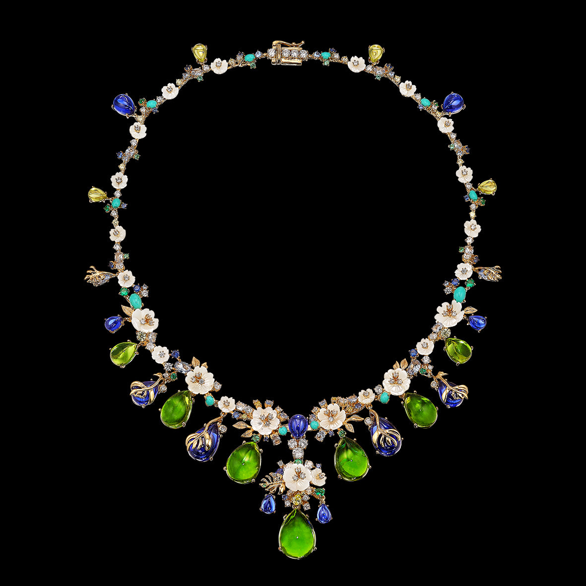 Sapphire Peridot Paradise Necklace, Necklace, Anabela Chan Joaillerie - Fine jewelry with laboratory grown and created gemstones hand-crafted in the United Kingdom. Anabela Chan Joaillerie is the first fine jewellery brand in the world to champion laboratory-grown and created gemstones with high jewellery design, artisanal craftsmanship and a focus on ethical and sustainable innovations.
