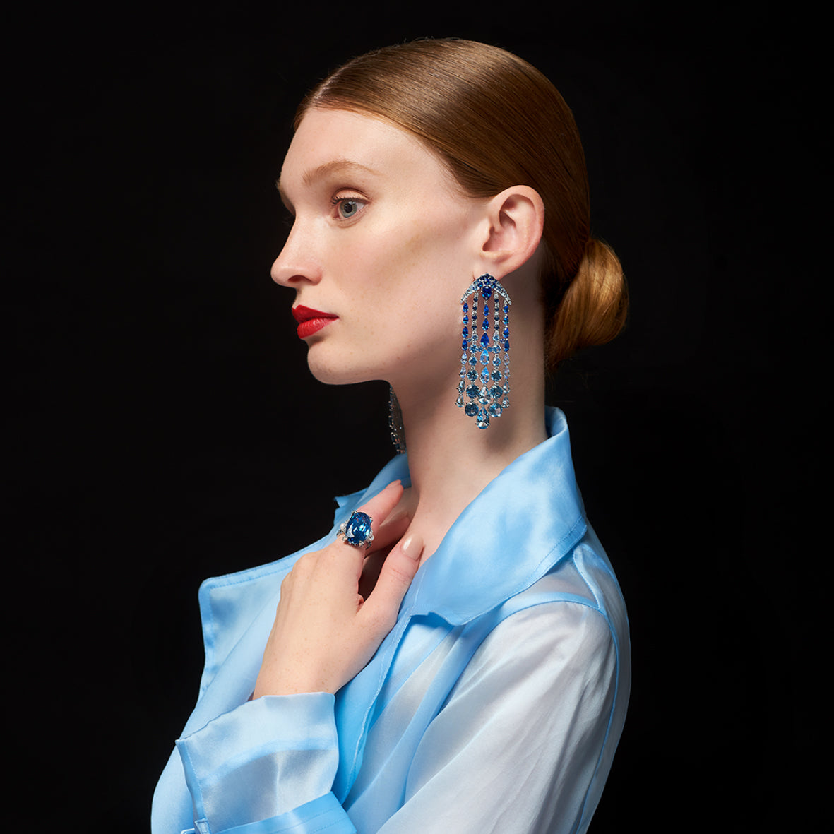 Aqua Sapphire Waterfall Earrings, Earrings, Anabela Chan Joaillerie - Fine jewelry with laboratory grown and created gemstones hand-crafted in the United Kingdom. Anabela Chan Joaillerie is the first fine jewellery brand in the world to champion laboratory-grown and created gemstones with high jewellery design, artisanal craftsmanship and a focus on ethical and sustainable innovations.