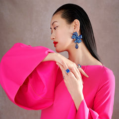 Sapphire Gingham Bow Earrings, Earring, Anabela Chan Joaillerie - Fine jewelry with laboratory grown and created gemstones hand-crafted in the United Kingdom. Anabela Chan Joaillerie is the first fine jewellery brand in the world to champion laboratory-grown and created gemstones with high jewellery design, artisanal craftsmanship and a focus on ethical and sustainable innovations.