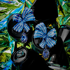 Sapphire Gingham Bow Earrings, Earring, Anabela Chan Joaillerie - Fine jewelry with laboratory grown and created gemstones hand-crafted in the United Kingdom. Anabela Chan Joaillerie is the first fine jewellery brand in the world to champion laboratory-grown and created gemstones with high jewellery design, artisanal craftsmanship and a focus on ethical and sustainable innovations.