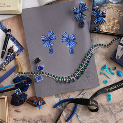 Sapphire Gingham Bow Earrings, Earring, Anabela Chan Joaillerie - Fine jewelry with laboratory grown and created gemstones hand-crafted in the United Kingdom. Anabela Chan Joaillerie is the first fine jewellery brand in the world to champion laboratory-grown and created gemstones with high jewellery design, artisanal craftsmanship and a focus on ethical and sustainable innovations.