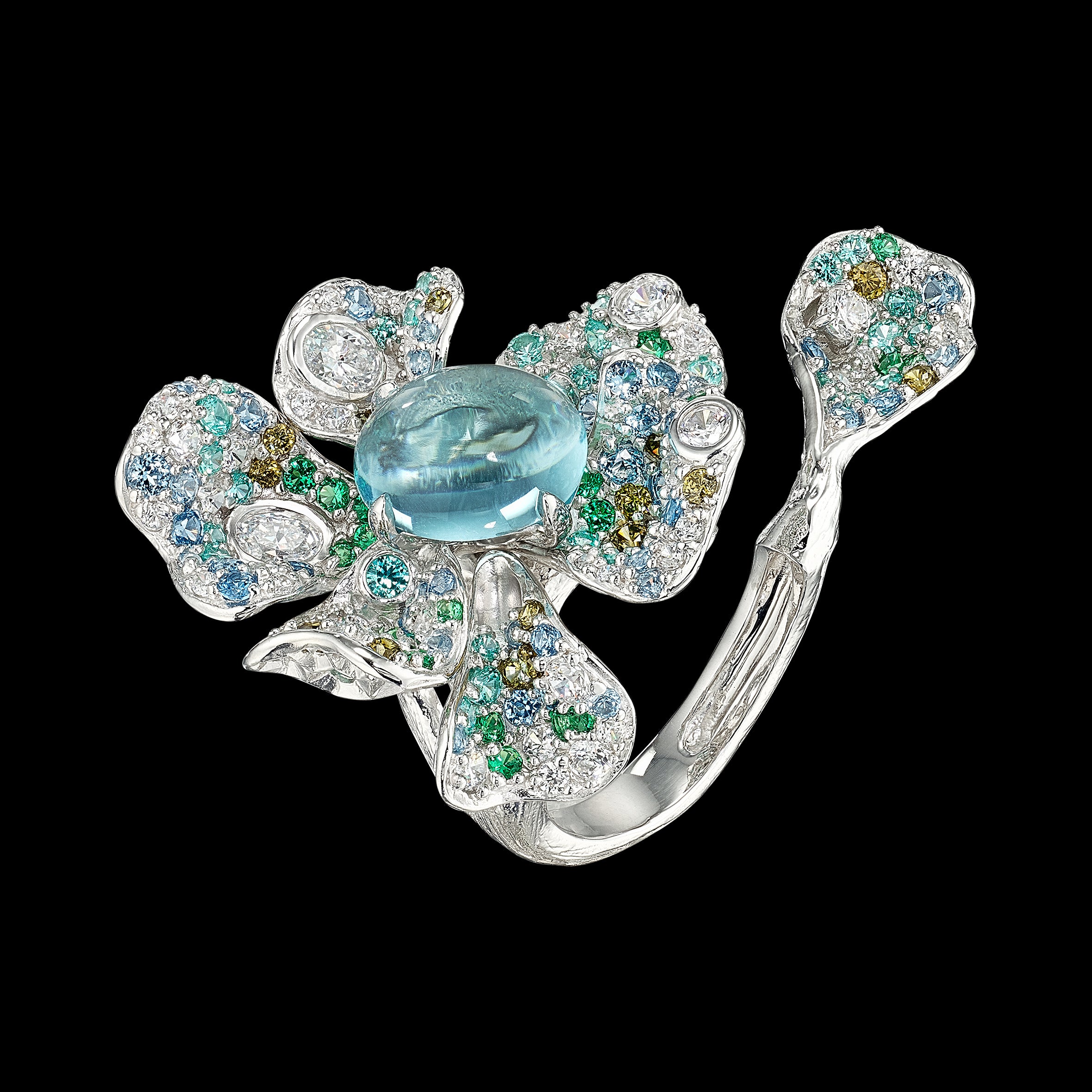 Aqua Peony Ring, Ring, Anabela Chan Joaillerie - Fine jewelry with laboratory grown and created gemstones hand-crafted in the United Kingdom. Anabela Chan Joaillerie is the first fine jewellery brand in the world to champion laboratory-grown and created gemstones with high jewellery design, artisanal craftsmanship and a focus on ethical and sustainable innovations.
