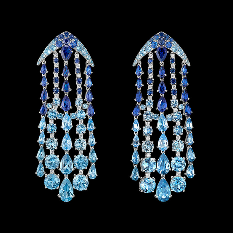 Aqua Sapphire Waterfall Earrings, Earrings, Anabela Chan Joaillerie - Fine jewelry with laboratory grown and created gemstones hand-crafted in the United Kingdom. Anabela Chan Joaillerie is the first fine jewellery brand in the world to champion laboratory-grown and created gemstones with high jewellery design, artisanal craftsmanship and a focus on ethical and sustainable innovations.