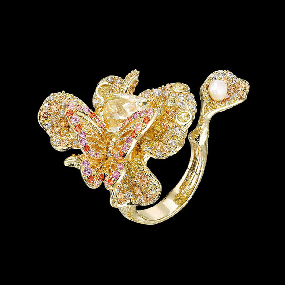 Canary Peony Butterfly Ring, Ring, Anabela Chan Joaillerie - Fine jewelry with laboratory grown and created gemstones hand-crafted in the United Kingdom. Anabela Chan Joaillerie is the first fine jewellery brand in the world to champion laboratory-grown and created gemstones with high jewellery design, artisanal craftsmanship and a focus on ethical and sustainable innovations.