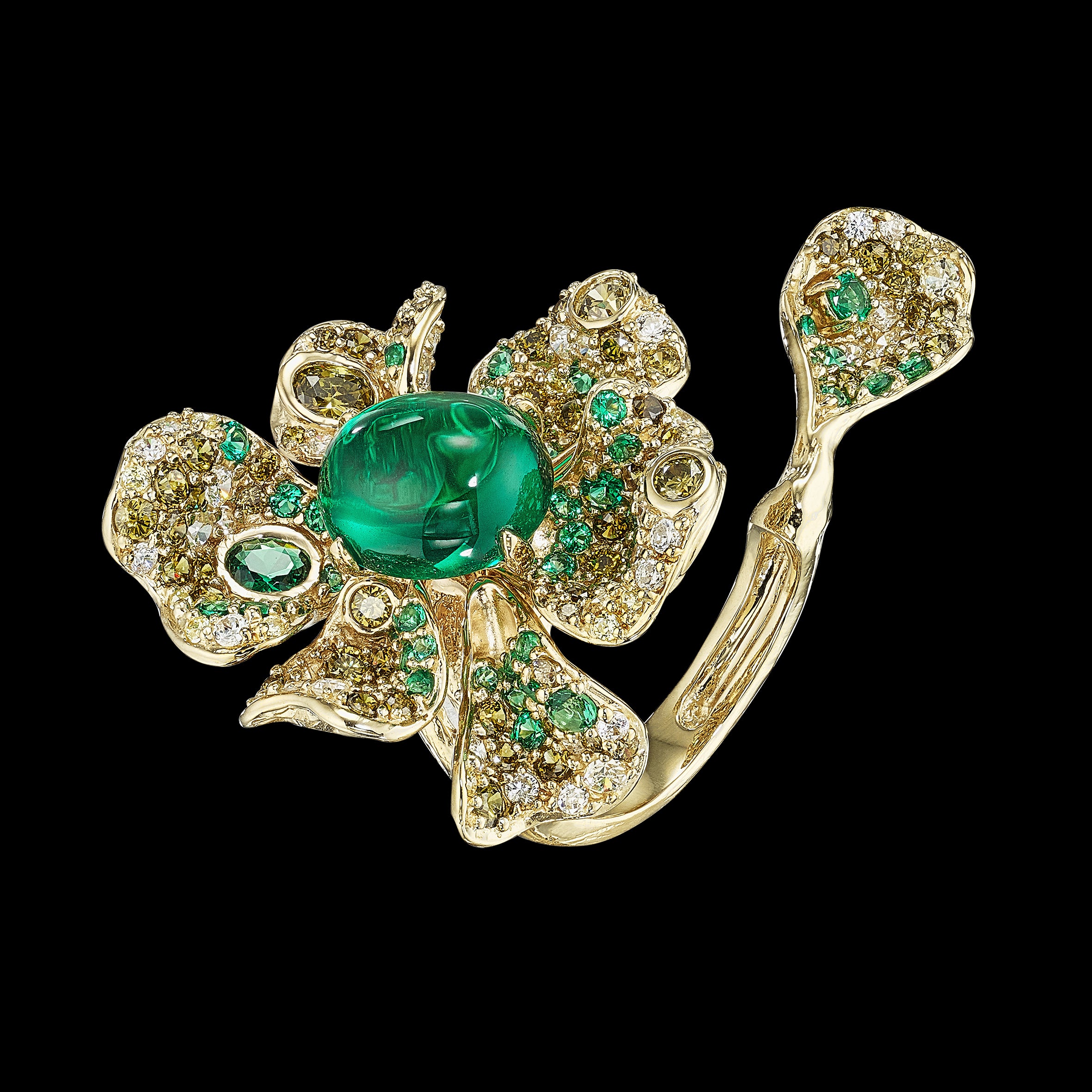 Emerald Peony Ring, Ring, Anabela Chan Joaillerie - Fine jewelry with laboratory grown and created gemstones hand-crafted in the United Kingdom. Anabela Chan Joaillerie is the first fine jewellery brand in the world to champion laboratory-grown and created gemstones with high jewellery design, artisanal craftsmanship and a focus on ethical and sustainable innovations.